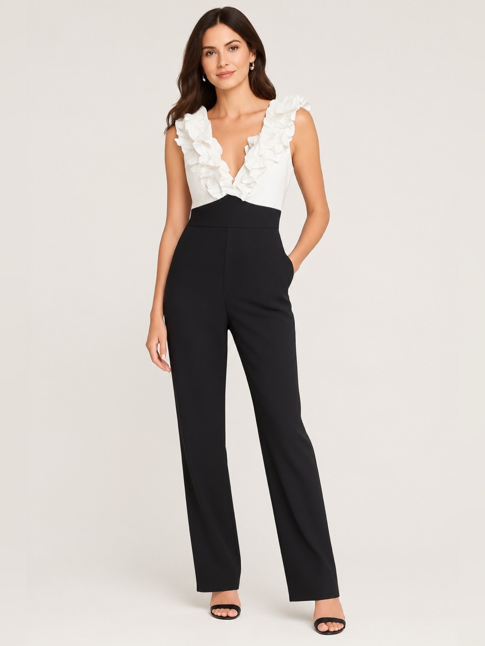 NWT New York & Company Black & White Ruffle Jumpsuit Women’s Medium M Straight L